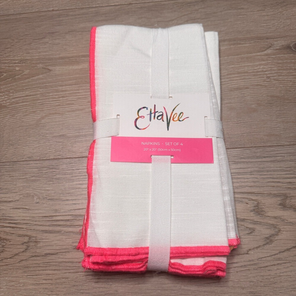 NWT EttaVee White Napkins with Neon Pink Trim Set of 4 20x20 Cotton Cloth
